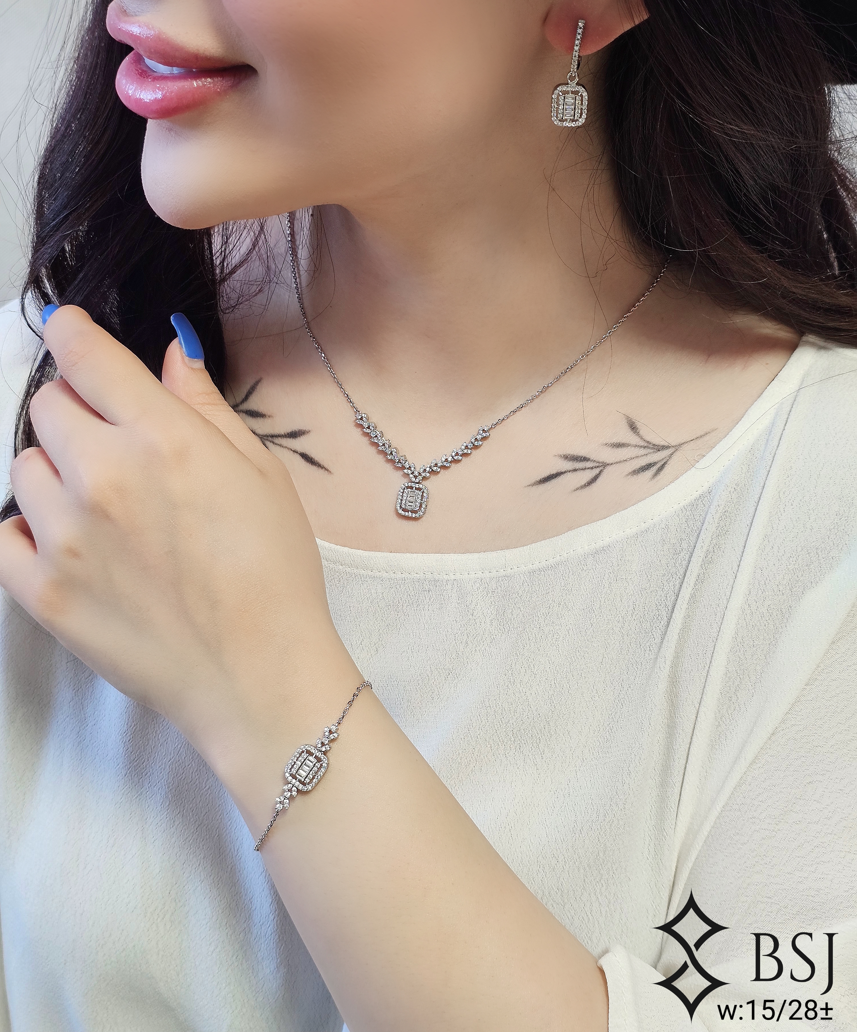 سرویس نقره زنانه مدل GT197 طرح مدرن با ترکیب برلیان و باگت | طراحی ظریف و شیک