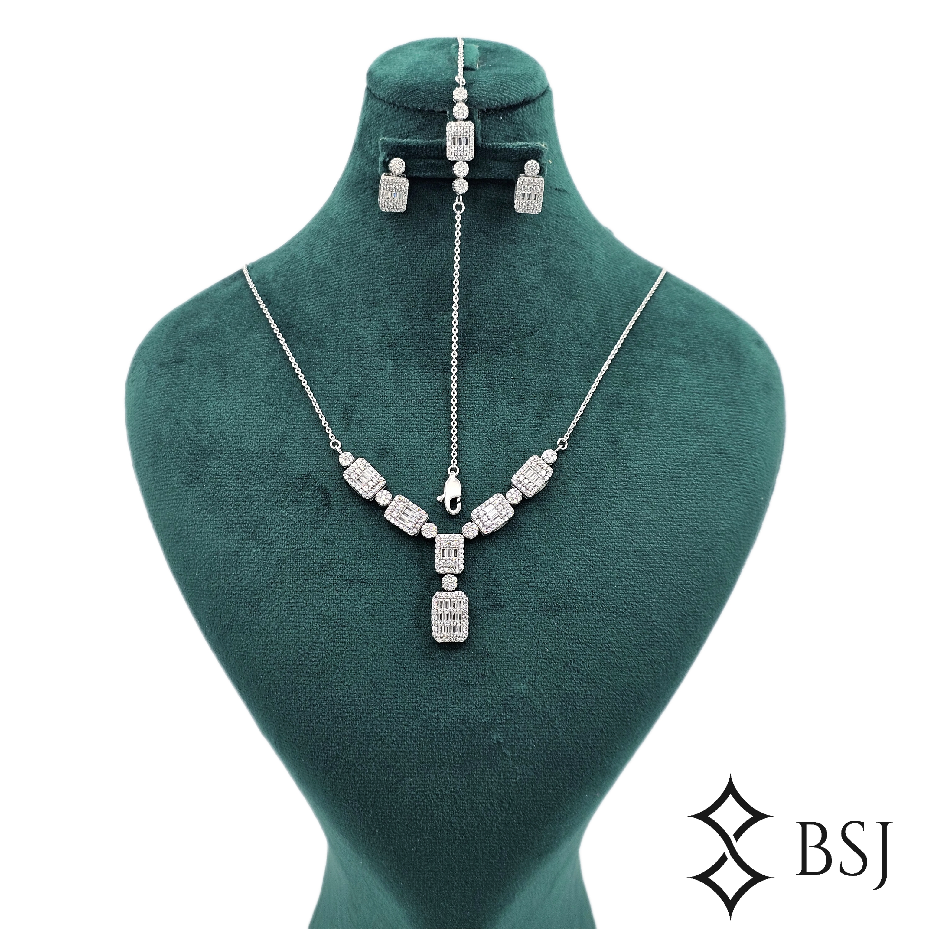 سرویس نقره GT167 نگین برلیان و باگت | ظریف، زنجیری و شیک زنانه، دخترانه و مناسب عروس